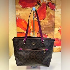 Coach Brown Signature Tote with Purple Trim